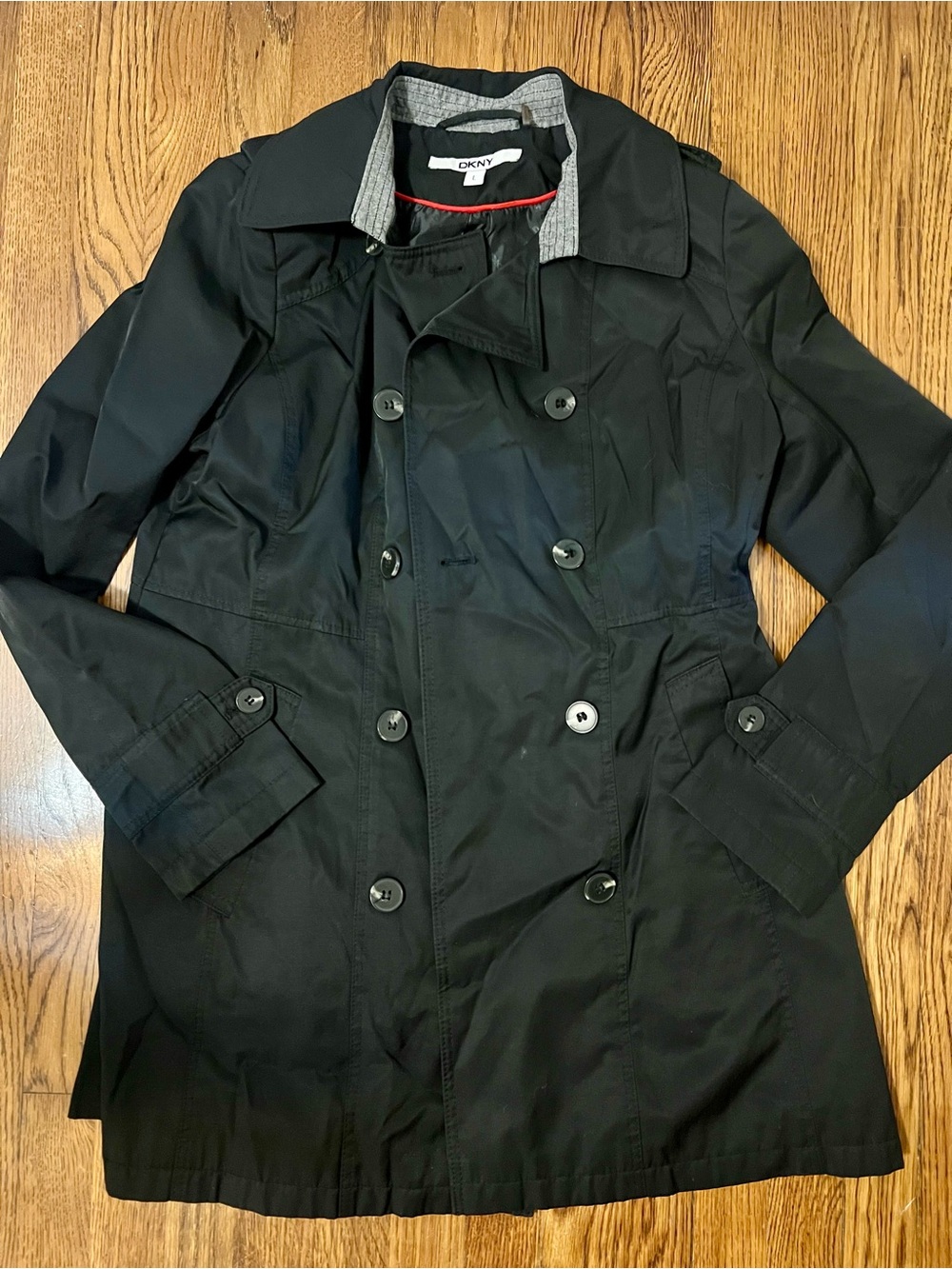 DKNY Black Double-Breasted Trench Coat with Contrast Collar Trim